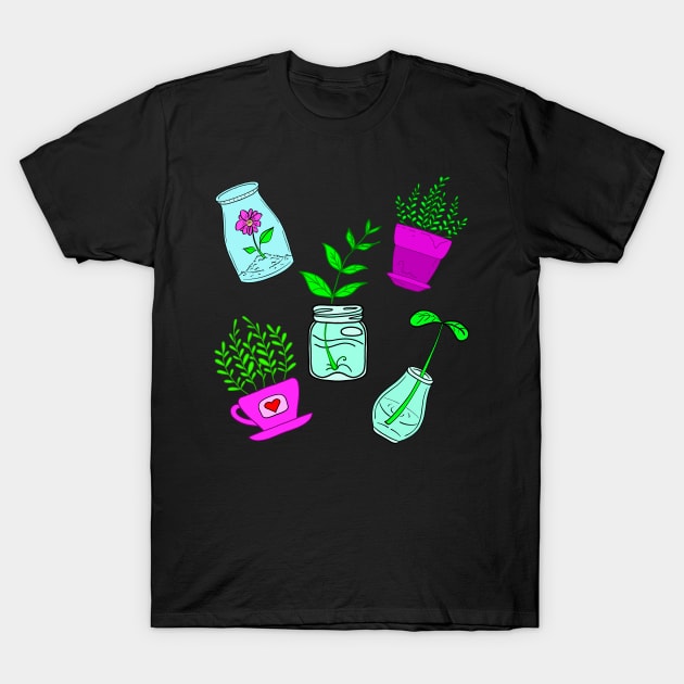 Cute lovely little house plants in glass jars, potted flowers cartoons. Seamless pattern design. Gift ideas for plant, ecology and nature lovers. Think green. T-Shirt by IvyArtistic